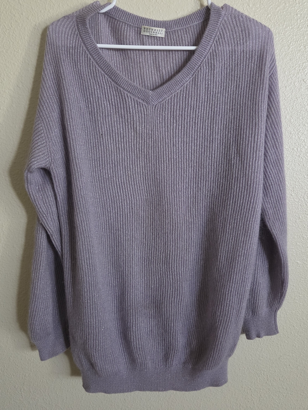 Brunello Cucinelli Lavender V-Neck Ribbed Knit Sweater